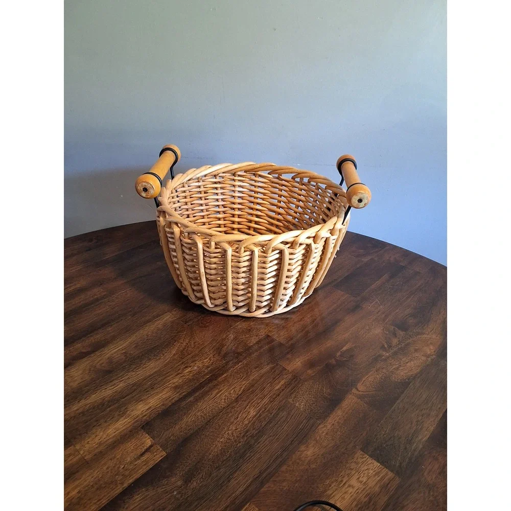 Vintage Round Wicker Basket with Wood Dowel Handles Natural Rattan Storage 10in